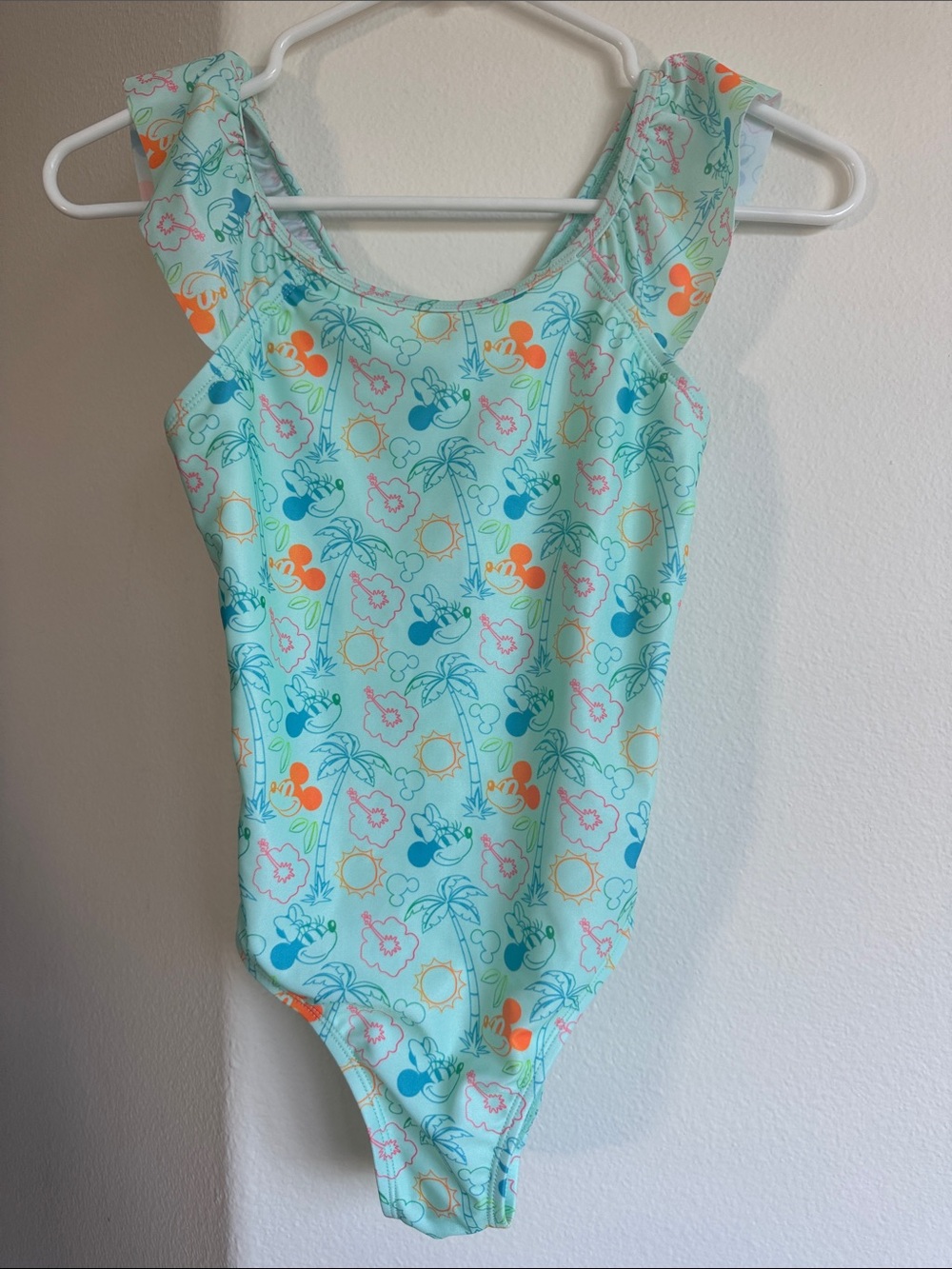 Disney Girls' Mint One-Piece Swimsuit with Multicolor Tropical Print, Size 9/10